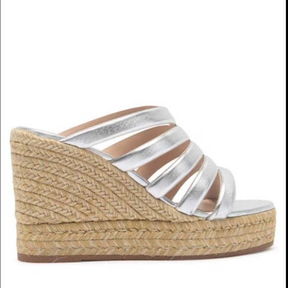Stuart Weitzman Lilyana Espadrille Wedge Sandal Silver Metallic Heel - Picture 3 of 16